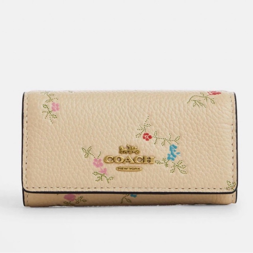 Coach Beige Floral Leather Key & Card Holder
